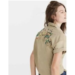 Madewell Tan Button Down Shirt with Floral Embroidery